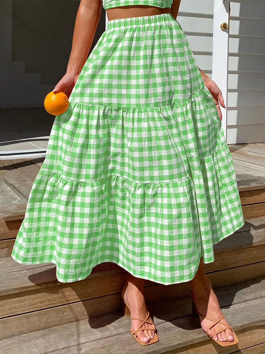 Maxi Gingham Skirt Vintage Tiered Ruff Patchwork Plaid Long