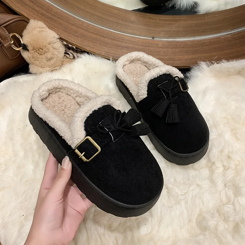 Simple Bow Thick-soled Plush Fluffy Slippers Women Wear Outside in The Winter 2025 with Fluffy Tassels and Cotton Slippers