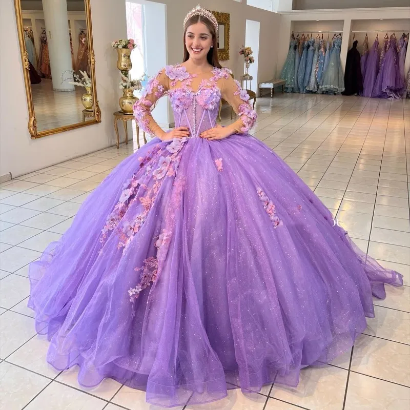 

Lavender Shiny Quinceanera Dresses Long Sleeves Beading With 3D Appliques Lace Tull Ball Gown Vestidos De 15 Años