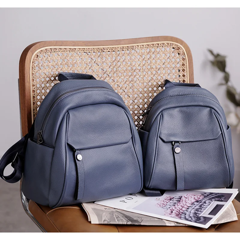 New Simple Blue 2 Size Portable Genuine Leather Fashion Teenage Girl Backpack High Quality Soft Cowskin Women Rucksack Knapsack 3