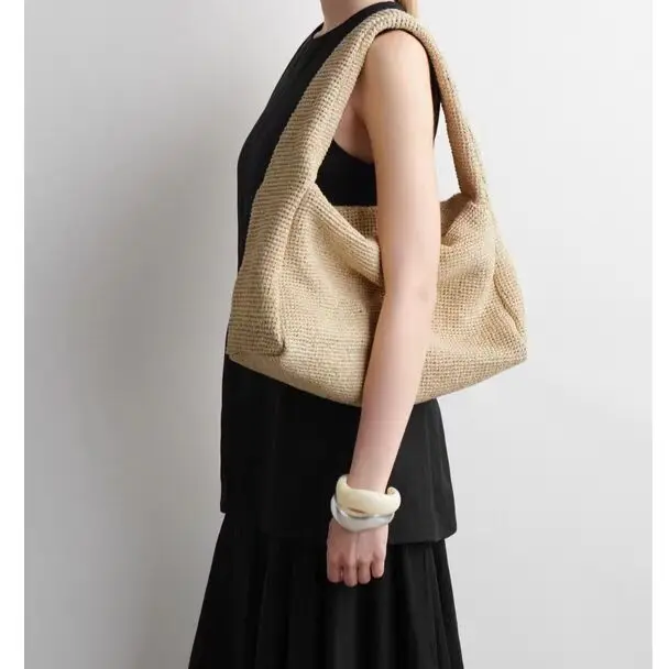 2025 New Women Woven Shoulder Bag Large Capacity Casual Totes Portable Top Handbags Knitting Holiday Beach Shopping Bag