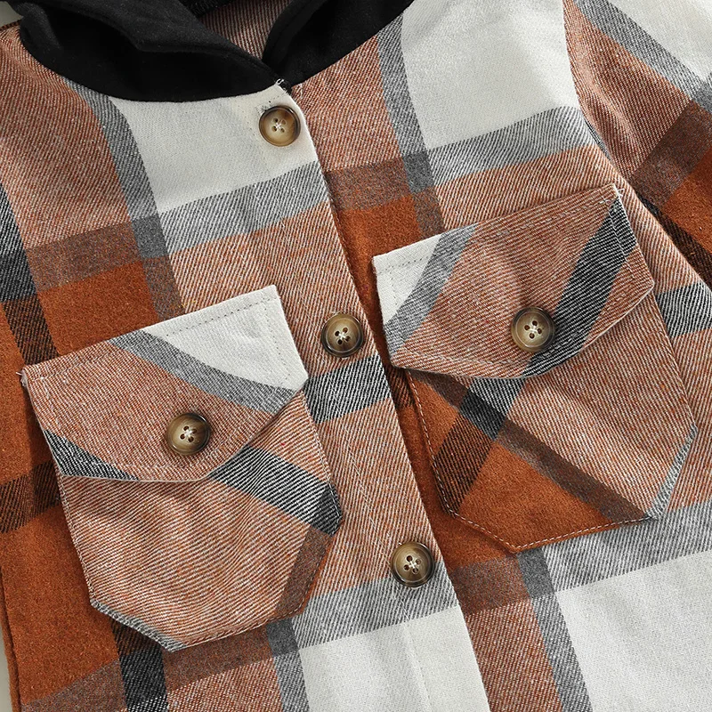 Kid Boys Shirt Coat Autumn Clothing Toddlers Plaid Patchwork Long Sleeve Tops Children Casual Hooded Outwear