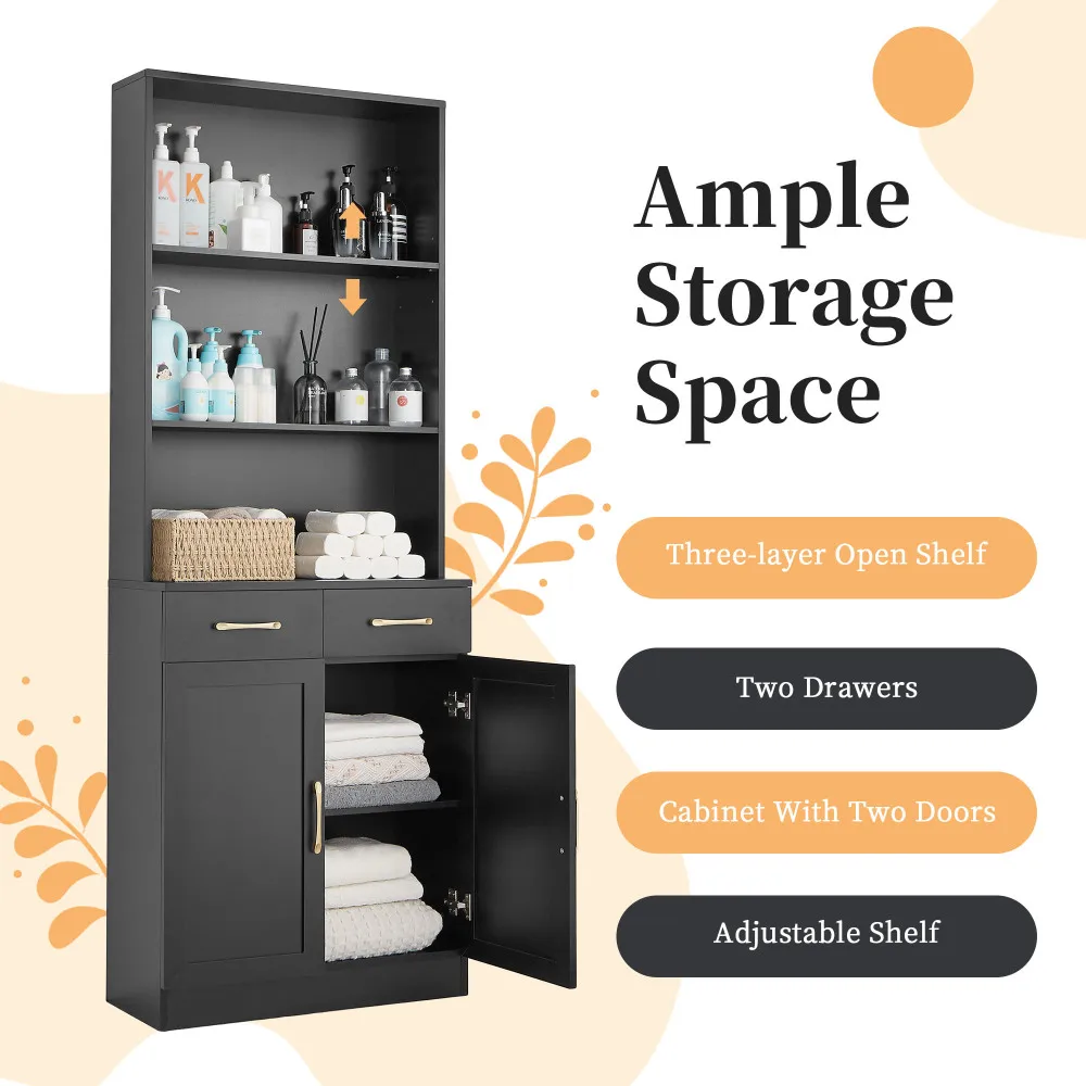 Bathroom Storage Cabinet, Cabinet With Two Doors And Drawers, Adjustable Shelf, Three-layer Open Shelf, MDF Board, Black 3