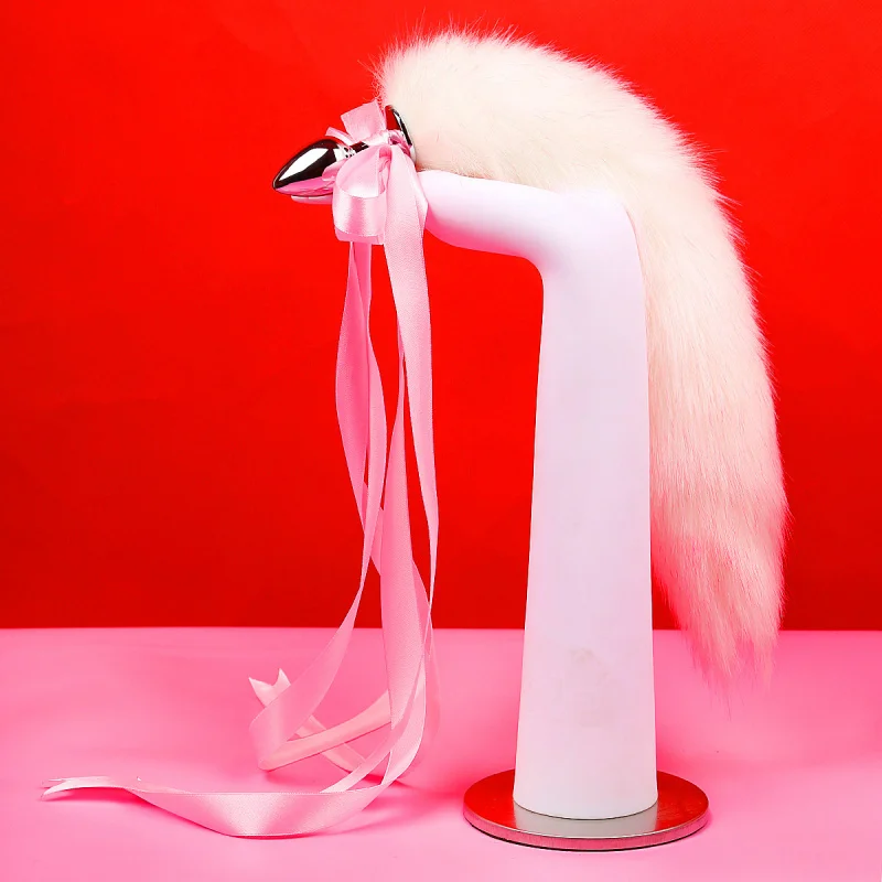 Sex Toys Pink Bow Adult Couple Metal Butt Plug Flirting White Powder Plush Tail Female Court Hair