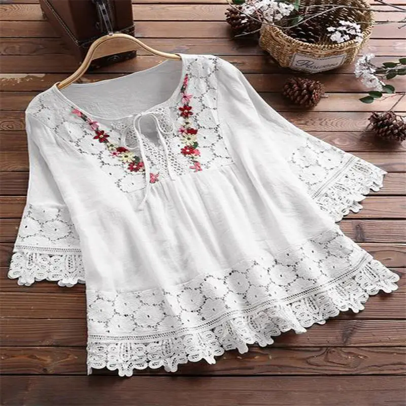 New Summer Fashion Splicing Lace Charm Elegant Lace-up Shirt V-neck Loose Women's Solid Color Top 30659a