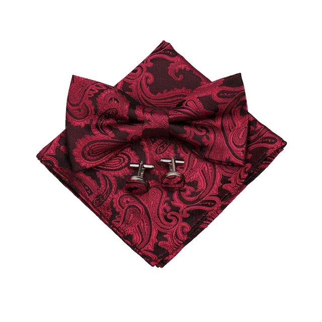 Bow Tie Paisley 3pc Set Men Bow Tie Pocket square Cufflinks Wedding Bowknot Accessories Butterfly Neckwear Adjustable Adult Tie 1