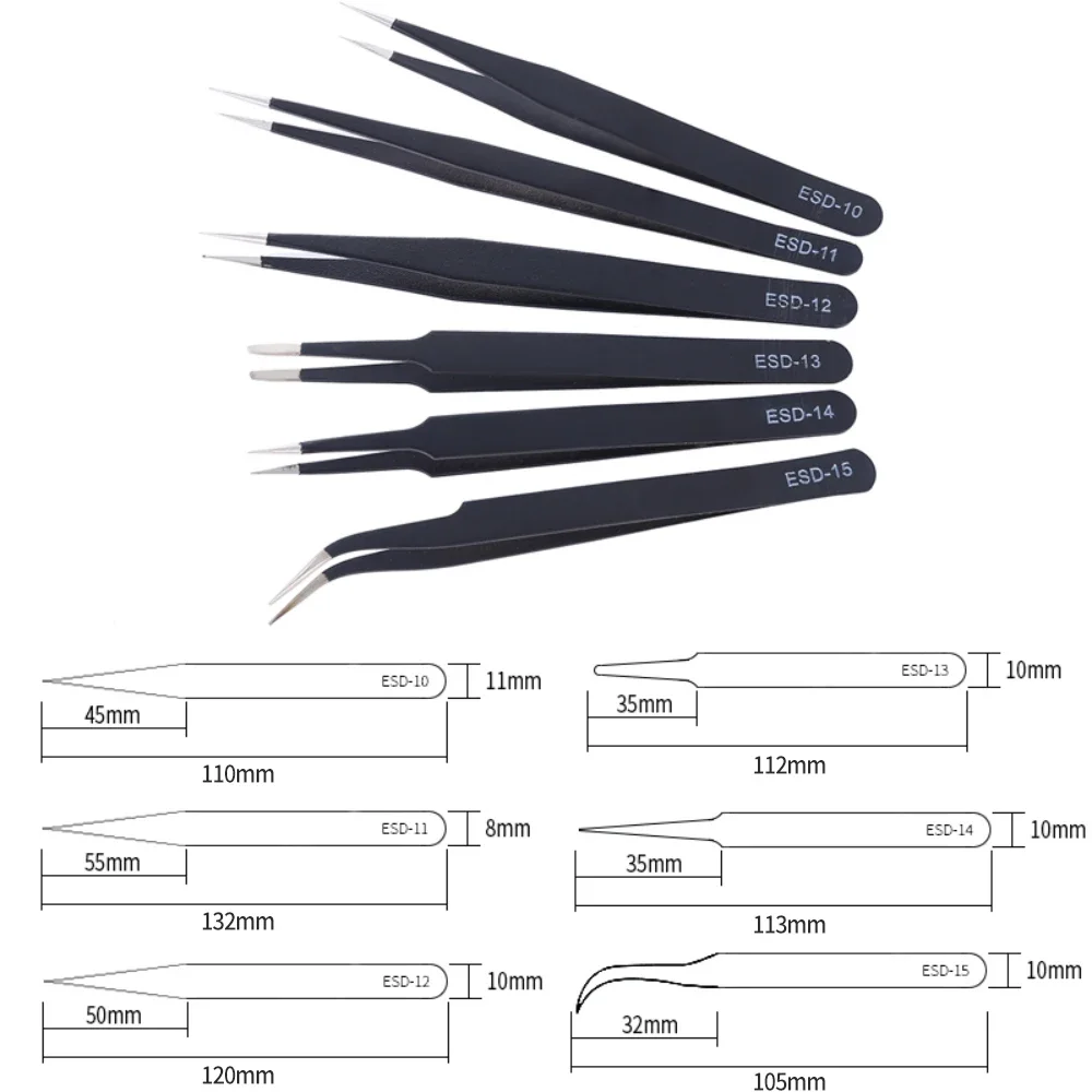 Precision Tweezers 2/6pcs Precision Tweezers Set ESD Anti-Static Stainless Steel Tweezers Repair Tools for Electronics Repair Soldering Craft Tools,precision tweezers,esd anti static tweezers,soldering tweezers