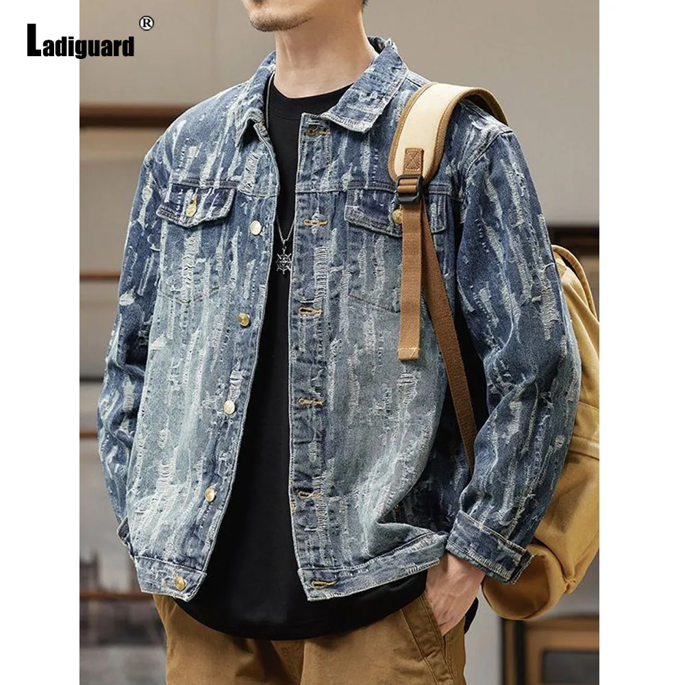 

Men Fashion Ripped Demin Jacket Plus Size Mens Casual Retro Jean Outerwear 2024 America Europe Stand Pocket Frayed Demin Jackets