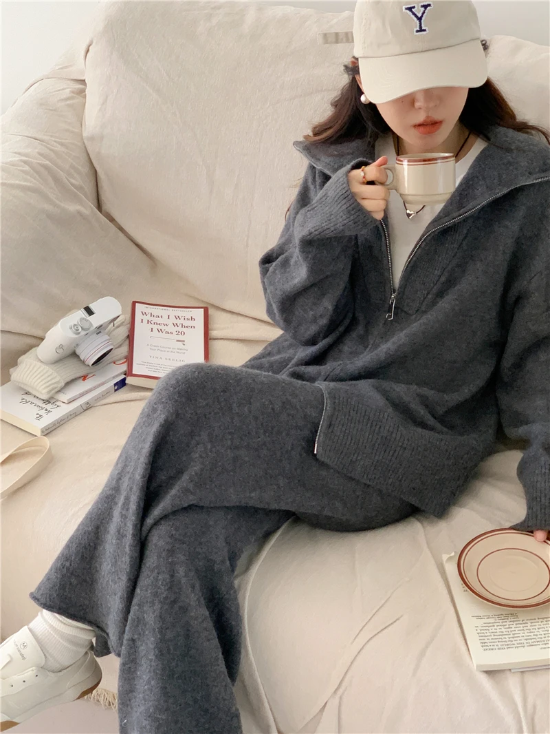 Femme 2 Pcs Pull Ensemble Tricoté Hiver Sweater Top en Maille Sweatshirt Chaud Chandail Sport Pantalon Jambe Large Hiver Ensemble Sportswear D'Intérieur Tenue Sport 2 Piece