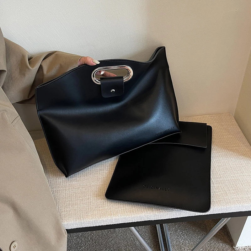 Solid Color Pu Leather Bag For Women'S Fashion Large Capacity Hand-Held Bag For Work Commuting Hand-Held Briefcase Tote Bag