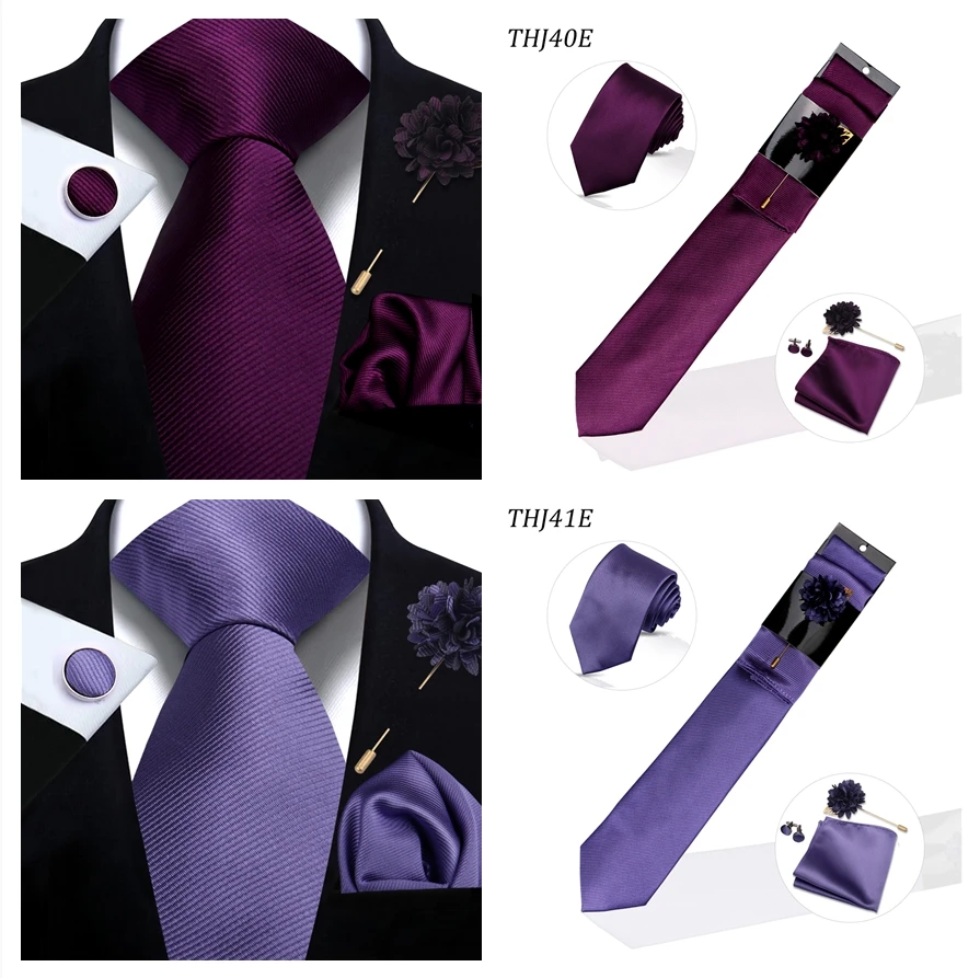 Einfarbiges Krawattenset für Herren, Hochzeitsgeschenk, Krawattenset mit Einstecktuch, Brosche, Manschettenknöpfe, Herren-Accessoires, hochwertige Krawatte – Detail 13