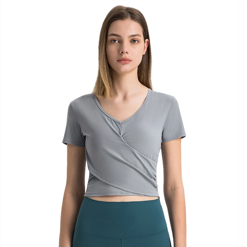 

Women Seamless Yoga Sports T-Shirt Top Rib Fitness Crop Top Gym Workout Short Sleeve Shirts Cross Fold Stretchy Soft Sportswear