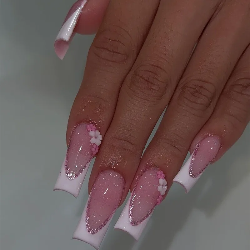 

24Pcs/Set False Nail Pink flowers Fake Nail Tips Full Cover Acrylic False Nails Decoration For Nail Tip Beauty