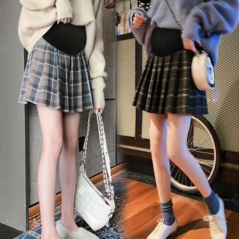 Korean Style Maternity Belly Skirts Preppy Style High Waist Pregnant Woman Pleated Plaid Skirts Pregnancy Empired Mini