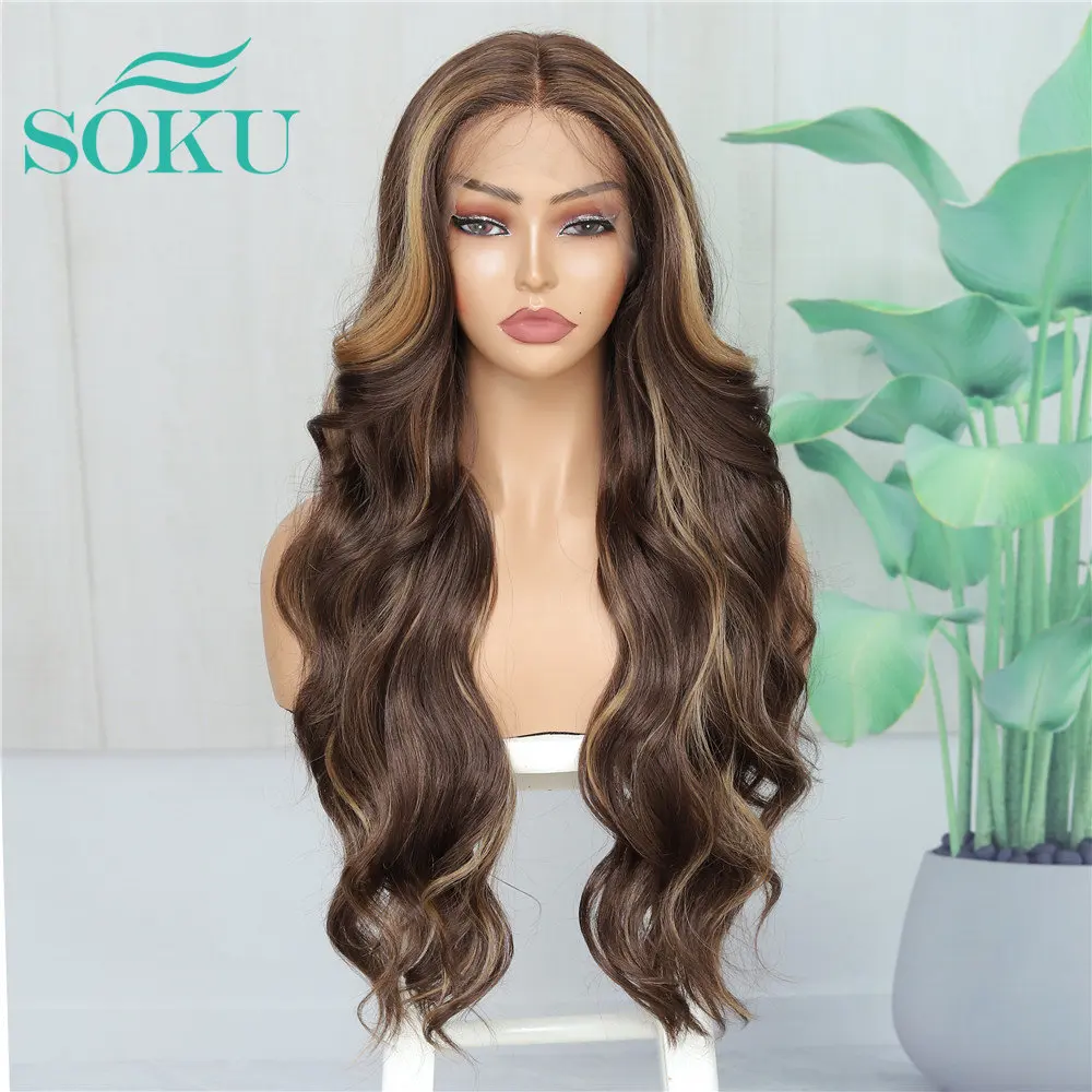 

SOKU Synthetic Highlight Lace Front Wigs Ombre Brown Body Wave 26 Inch Middle Part Lace Wig With Baby Hair For Black Women