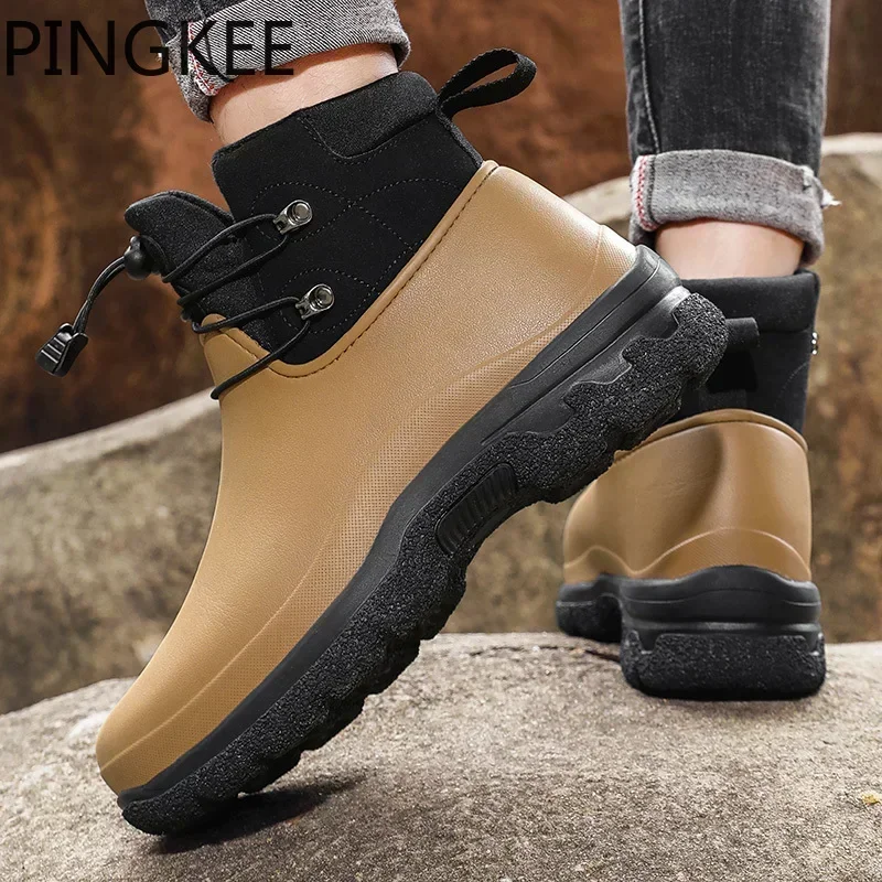 

Спортивная водонепроницаемая Вулканизированная резиновая Уличная обувь PINGKEE, легкие зимние ботинки до щиколотки с высоким берцем для снега, мужские резиновые сапоги