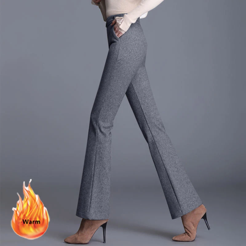 Autumn Winter Fleece Lined Flare Pant Women Korean High Waist  Woolden Blend Casual Trousers Big Size Plus Velvet Mom Pantalones