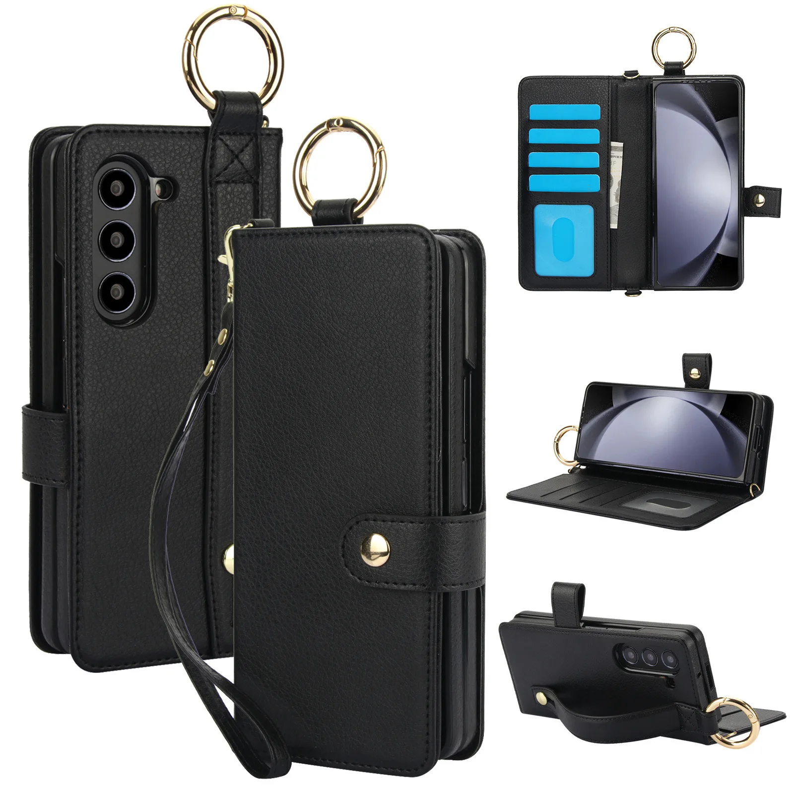 Leather Wallet Wristband with Card Holder and Pen Slot - Protective Phone Case with Ring Holder