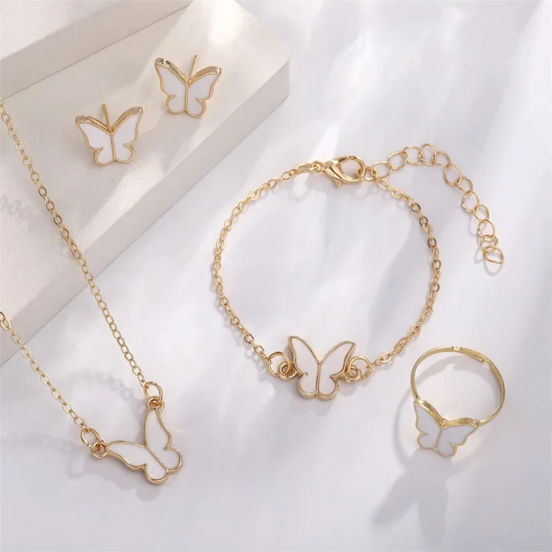 4Pcs Exquisite Butterfly Drop Glazed Jewelry Sets Women New Fashion Versatile Butterfly Pendant Jewelry Set Biżuteria Komplet