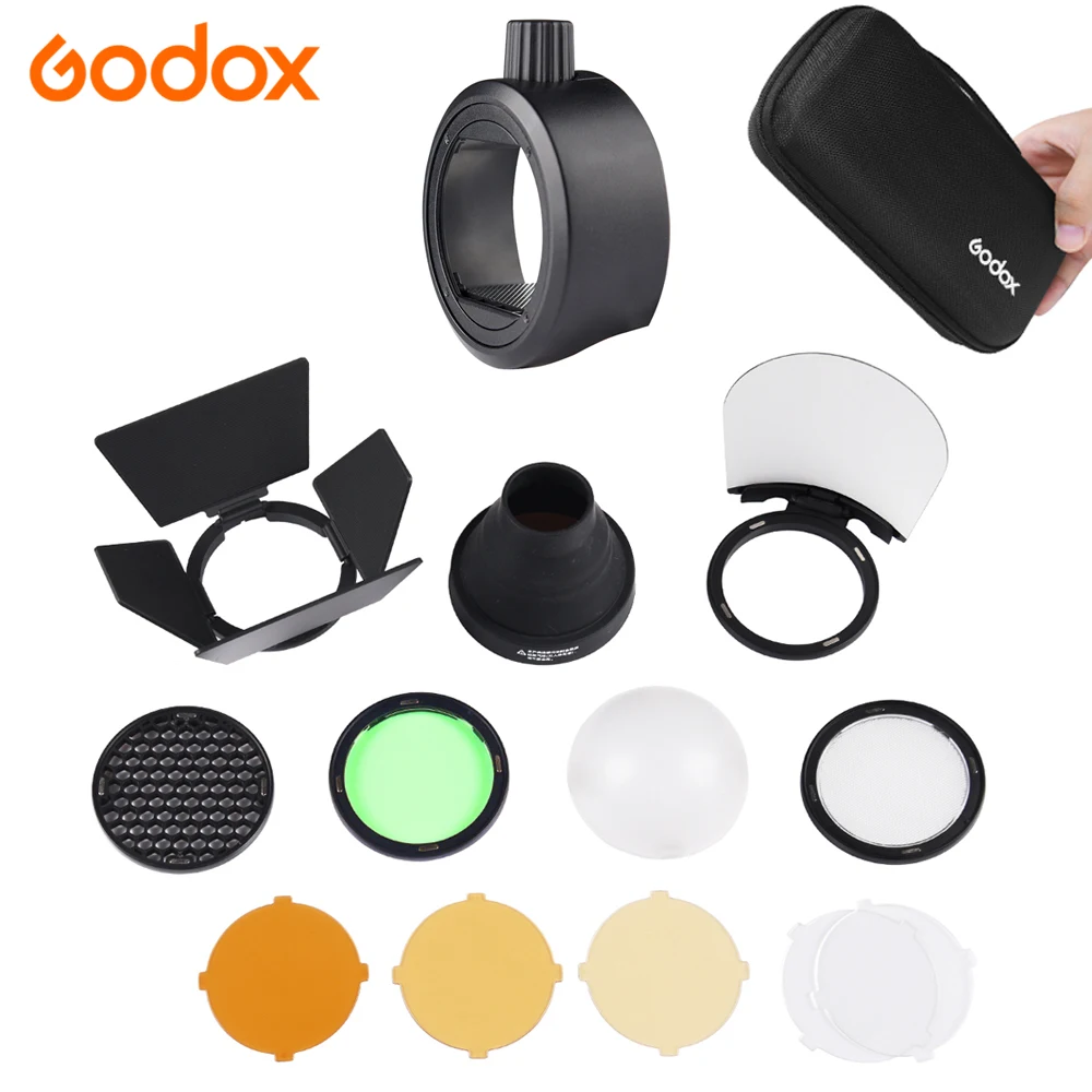 Godox AK-R1 + S-R1 Barn Door, Snoot, Color Filter, Reflector, Honeycomb, Diffuser Ball Kits for Godox AD200 H200R V1 Flash Head