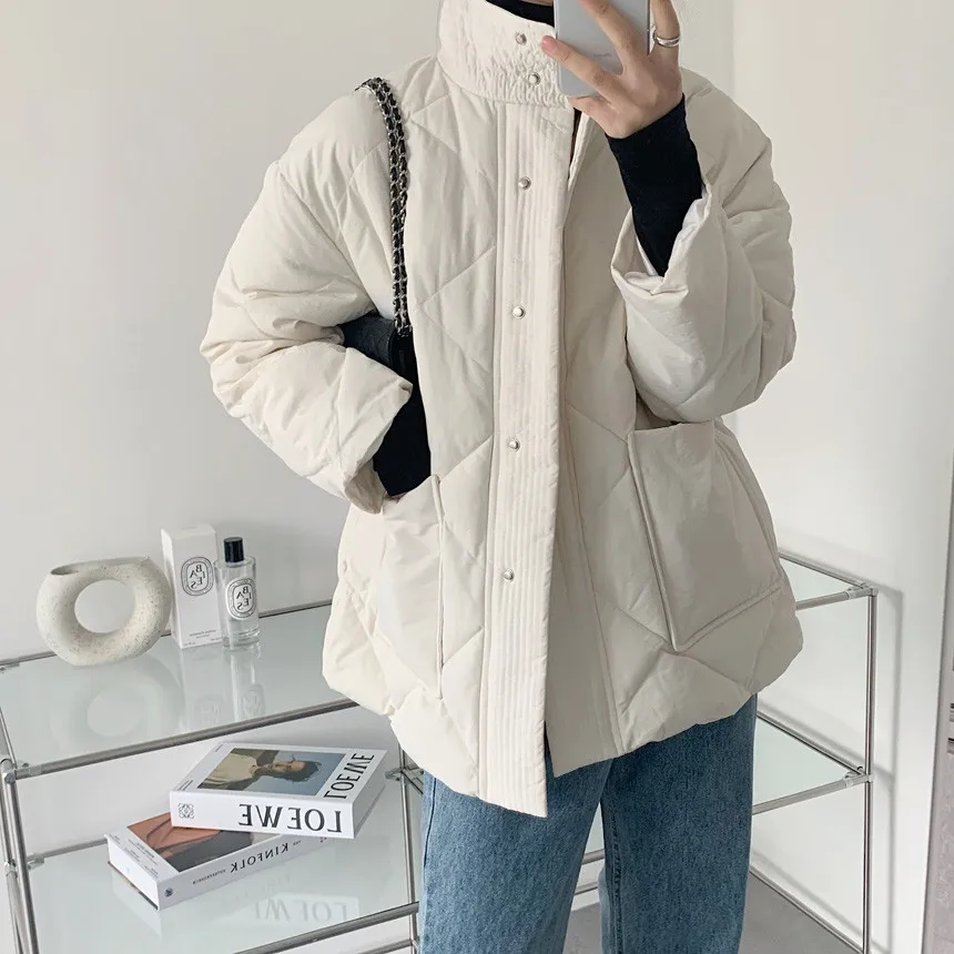 Winter Stand-up Collar Cotton Jacket Women Single-breasted Long-sleeved Solid Belt Thick Coat Korean Fashion Pocket Outerwear