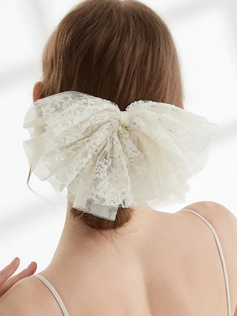 New Big Size Folds Barrette Bow Lace Hairpin Temperament Girl Top Clip Female Elegant Drape Ribbon Spring Clip Hair Accessoreis