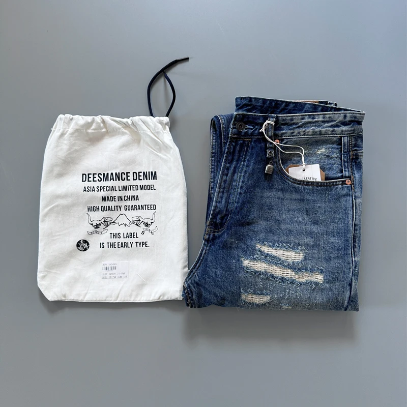 14oz High Quality Ripped Hole Washed Denim Jeans for Men Spring Autumn Winter Thick Tapered Straight Pants Handsome Cityboys 502
