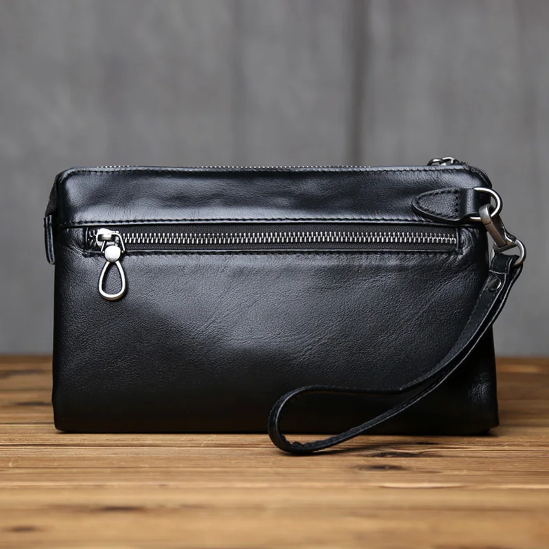 NZPJ Men's Genuine Leather Wrist Bag Cow Leather Wallet Large Capacity Mobile Phone Bag ID Holder  For 8-Inch iPad Cowhide