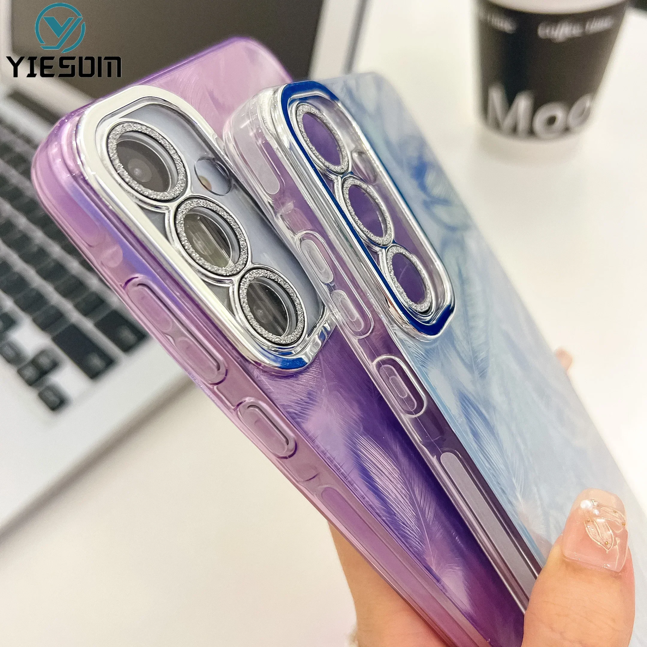 Luxury Laser Feather Gradient Rainbow Phone Case with Lens Film