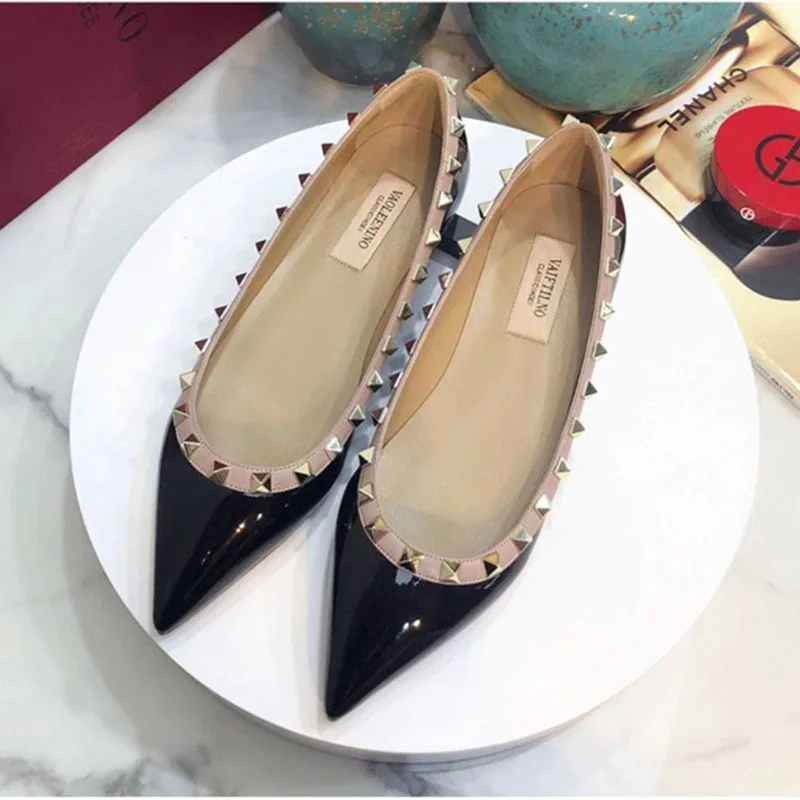 Luxury Brand Rivet Midsole Heel Shoes Leather Pointed Shallow Cut Flat Bottom Women's Shoes Versatile Fashion Women's Pumps33-41