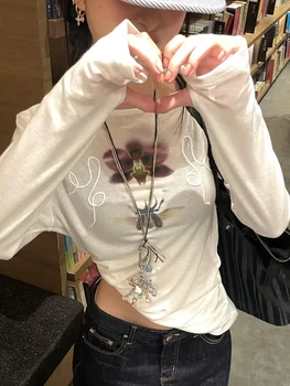Onalippa Fashion Printed Lazy Style Off Shoulder T-shirt Slightly Transparent Round Neck Design Long Sleeved Base Top 2026 New 1