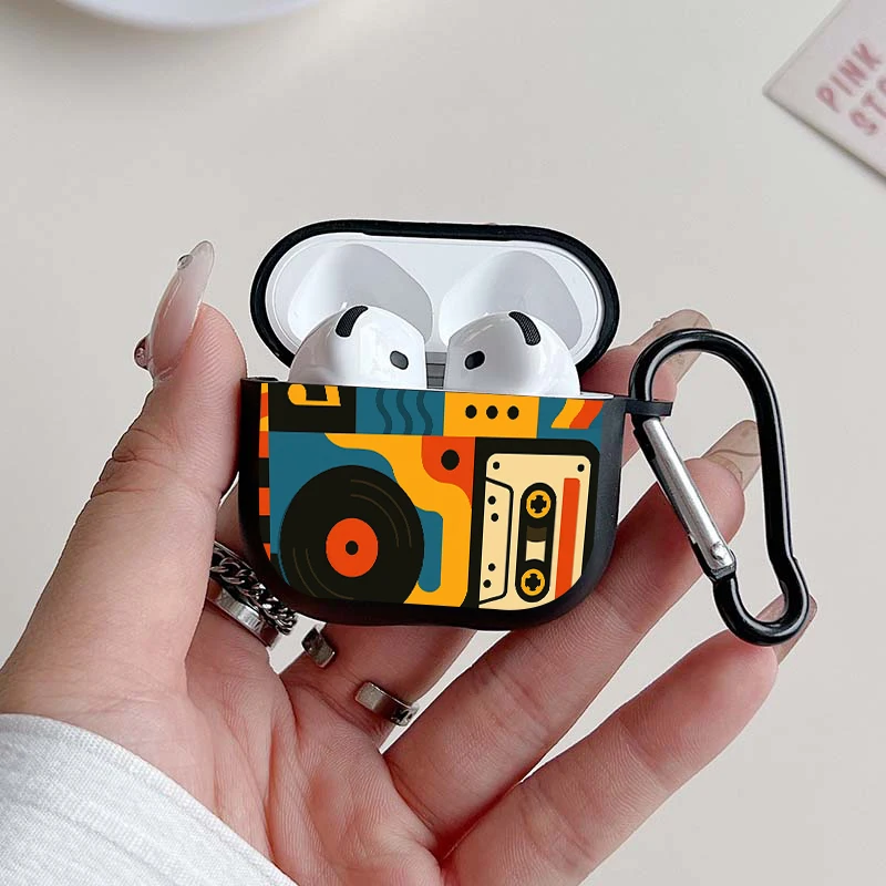Chic Retro Music Pattern Earbuds Case with Keychain - TPU Protective Cover