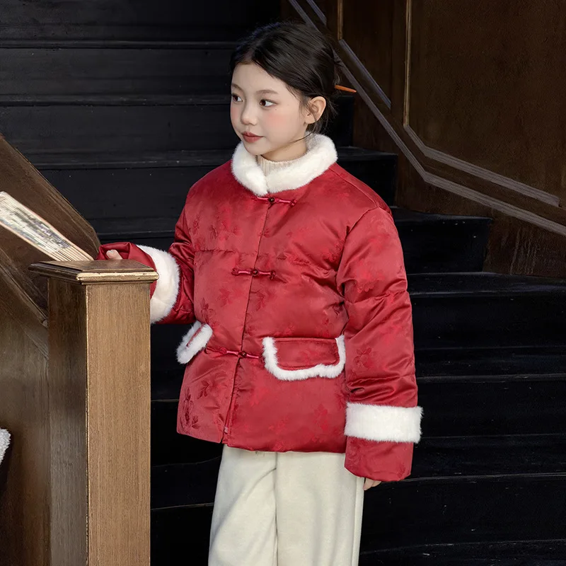 여아용 중국식 면 패딩 재킷, 개구리 단추와 꽃무늬 자수가 있는 두꺼운 중국 겨울 코트(7-14세 청소년용)