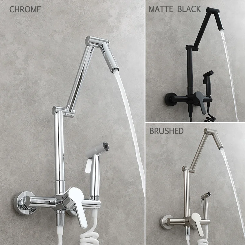 Wall-Mounted Kitchen Hot And Cold Water Faucet Multi-Functional Folding Telescopic With Spray Gun Wall Outlet Mixing Valve