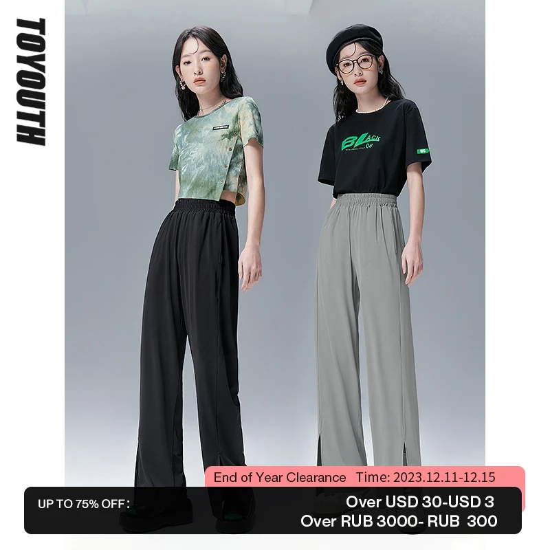 

Toyouth Women Pants 2022 Summer Elastic Waist Trouser Slim Slit Straight Wide Leg Casual Basic Pants