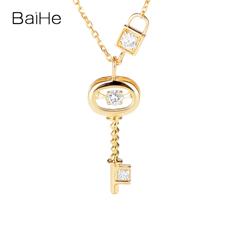 

BAIHE Solid 18K Yellow Gold 0.18ct H/SI Natural Diamond Key Pendant Necklace for Women Men Engagement Trendy Fine Jewelry Making