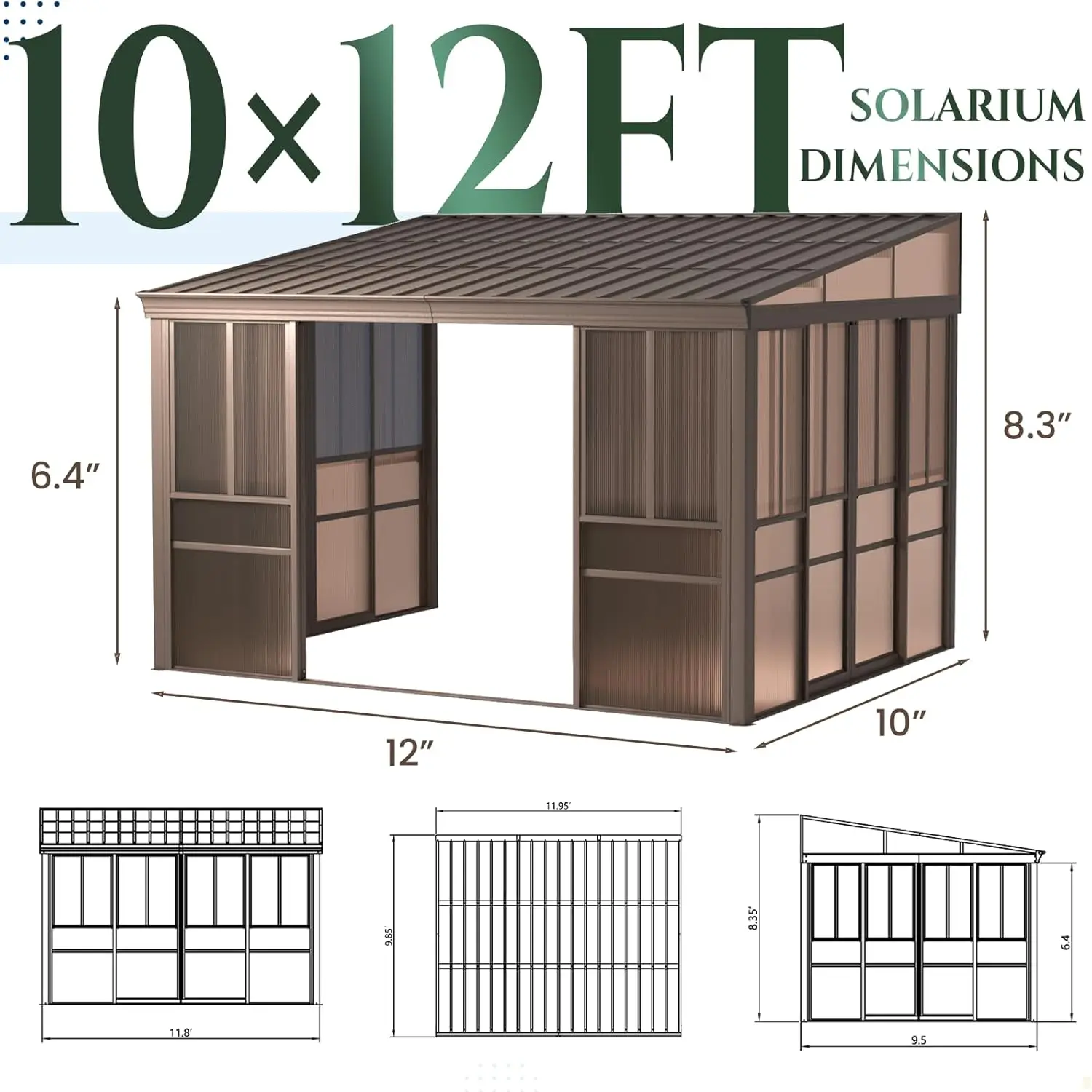 10 x 12FT Wall-Mounted Sunroom with Removable 3-Sided Doors & Aluminum Frame, All-Weather Sun Room with Galvanized Steel Roof