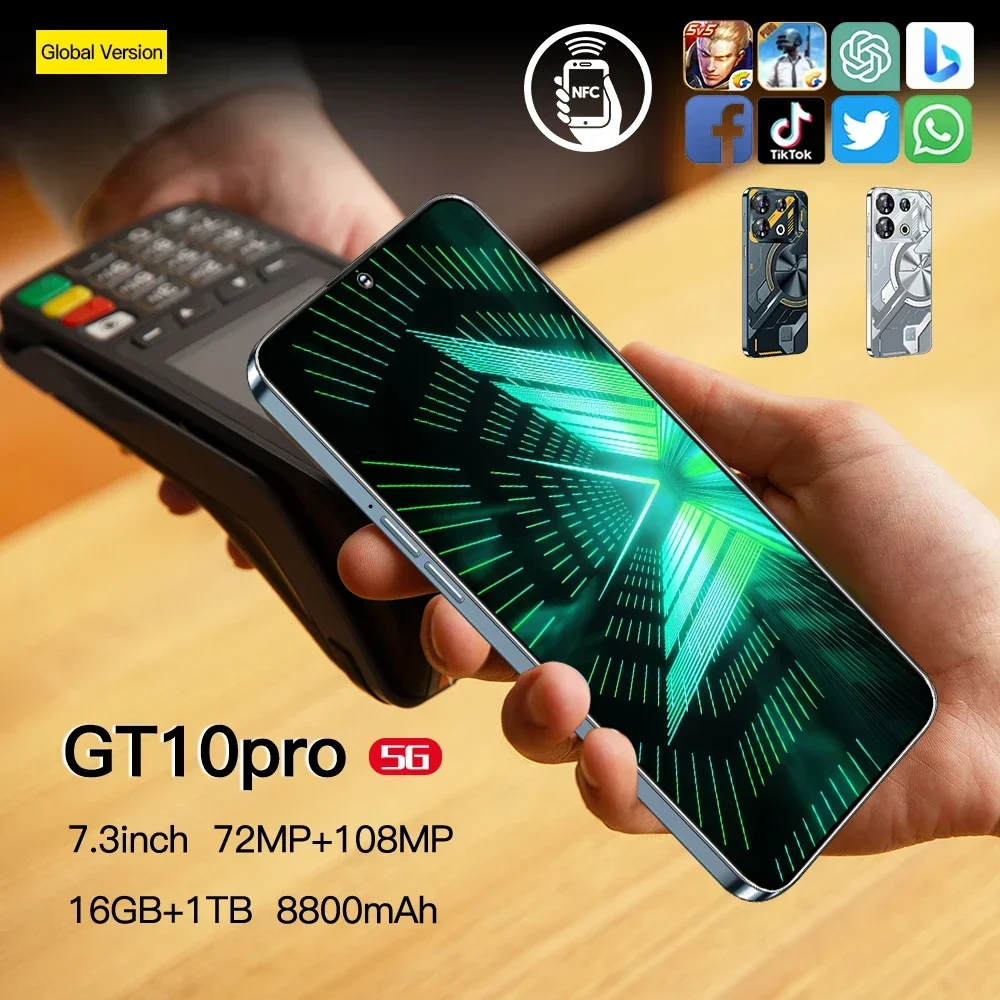 Global VER GT10 Pro 5G Smart Phone Deca-Core 16GB+1TB 7.3 Inch Smart phones NFC Android13 Mobile Phone 8800mAh Battery Face lD