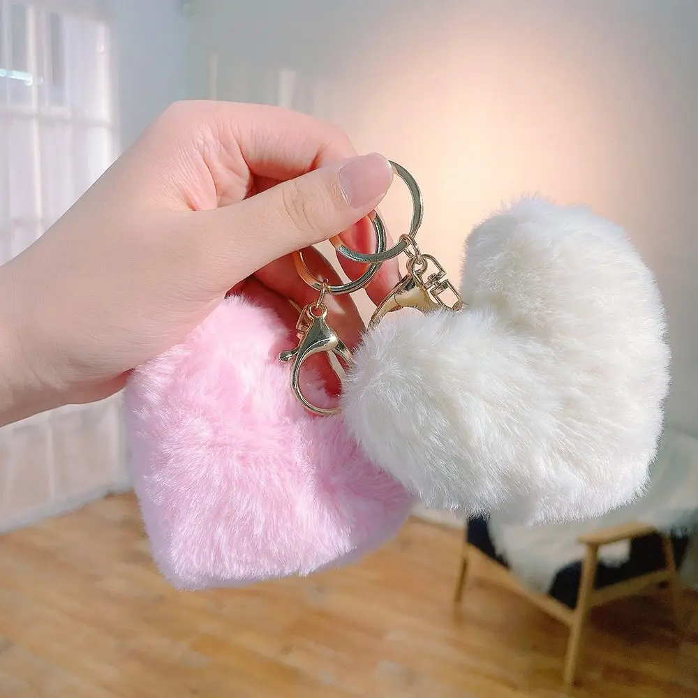 Liebe Herz Plüsch Tasche Anhänger Flauschigen Ball Auto Schlüssel Ring Nachahmung Kaninchen Fell Einfarbig Schlüssel Kette Tasche Zubehör – Detail 1