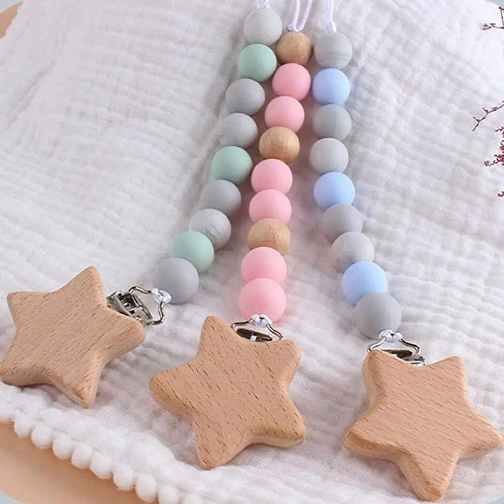 

Cute Toddler Wood Children Dummy Clips Baby Teether Toys Straps Star Wood Clips Pacifier Holder Clips Baby Pacifier Chain