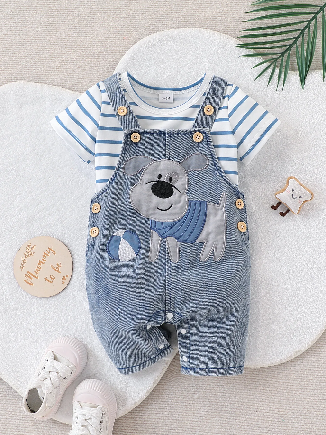 Baby Boy Striped T-Shirt + Cartoon Bear Denim Overalls Set, Cute Summer Casual Outfit for Going Out 1