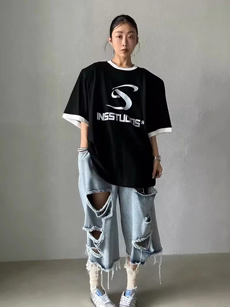 REDDACHIC 라이트 워시 찢어진 데님 반바지 남녀공용, 블루 탄성 허리 찢어진 구멍 닳은 헐렁한 청바지, 빈티지 Y2k 스트리트웨어