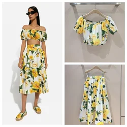Women floral printed cotton shirt top+skirt set clothes slash neck dress