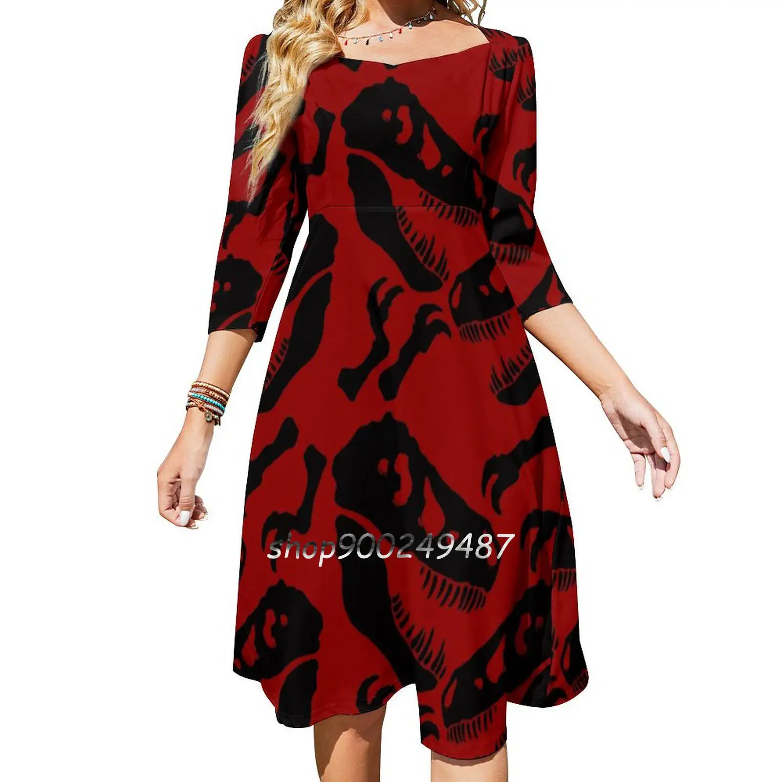 

Black Skull Pattern Square Neck Dress New Plus Size Elegant Women Waist Tight Dress Skull Dinosaur Dinosaurs S Bones Teeth
