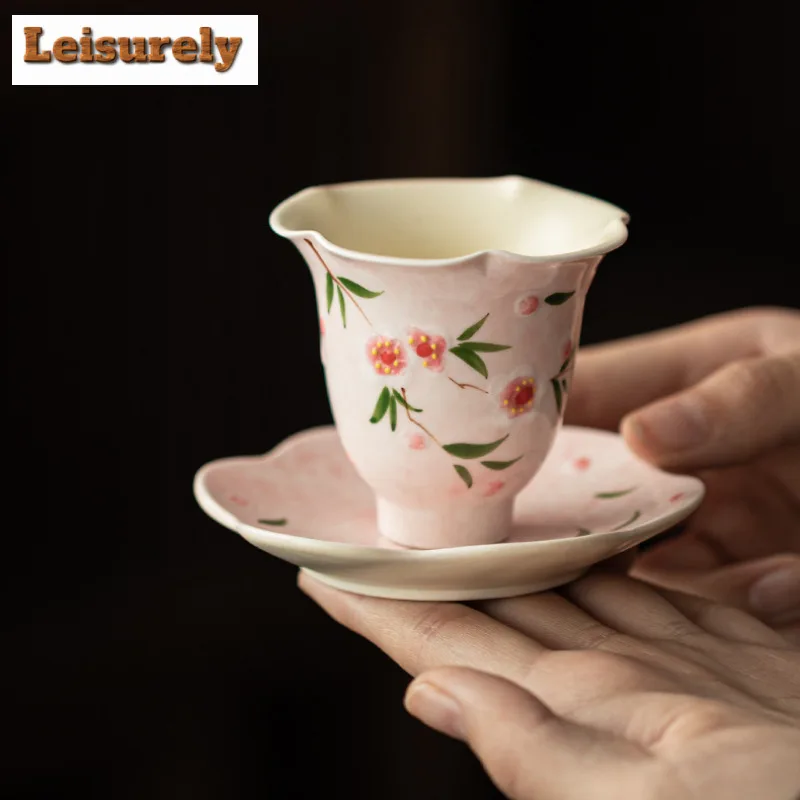 Hand-painted Peach Blossom Teacup Ancient Tea Bowl Cup For Tea Tea-tasting Personal Cup Jianzhan Master Cups Tea Services Saucer
