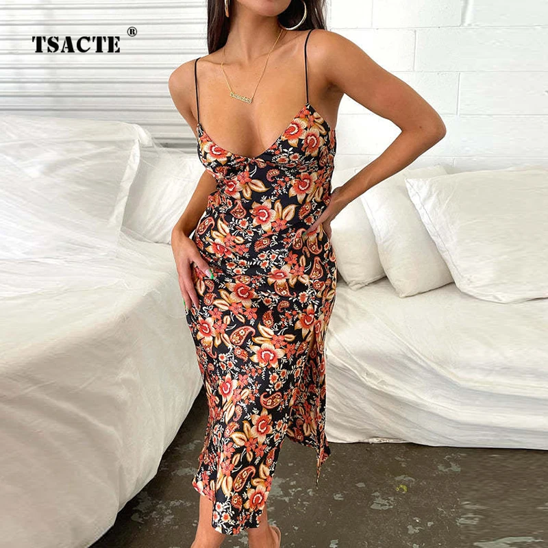 

Elegant New Sexy Zipper Strap Dress Summer 2023 Fashion Temperament Casual Print Split V-Neck Low-Cut Sexy Strap Women‘s Dresses