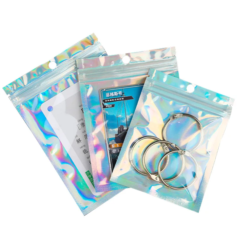 50 Pieces Self-Sealing Laser Small Plastic Bags for Jewelry Pouch with Clear Display Window Jewelry Packaging Gift Storage Bag 50pcs reusable mylar bags ziplock hang bags with clear window for jewelry display packaging self sealing food storage supplies