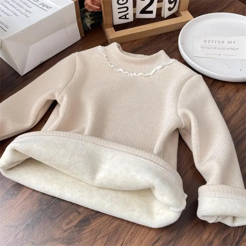 Lace Half High Collar Thicken Velvet Shirt Baby Girls Autumn Winter Warm Pullovers Girls Solid Color Casual Bottoming Tops