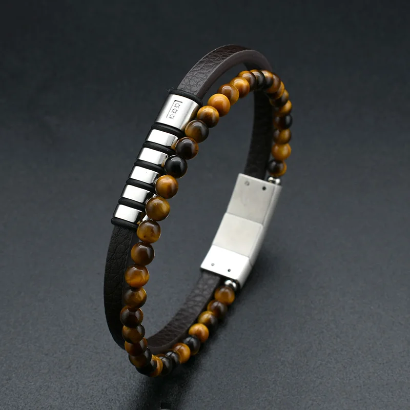 

High Quality Black Genuine Leather Stainless Steel Natural Lava Tiger Eye Round Beads Matte Adjustable Clasp Bracelet for Men