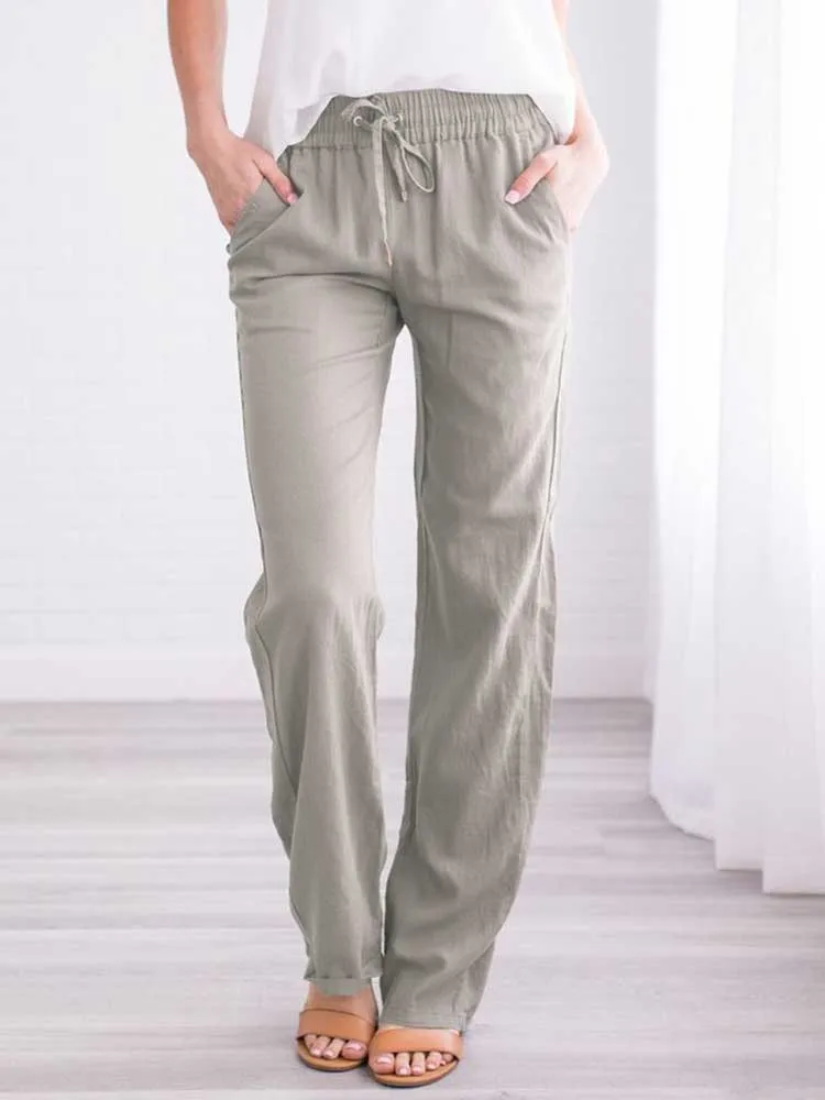 Women Cotton Linen Wide Leg Pants with Pocket for Summer
